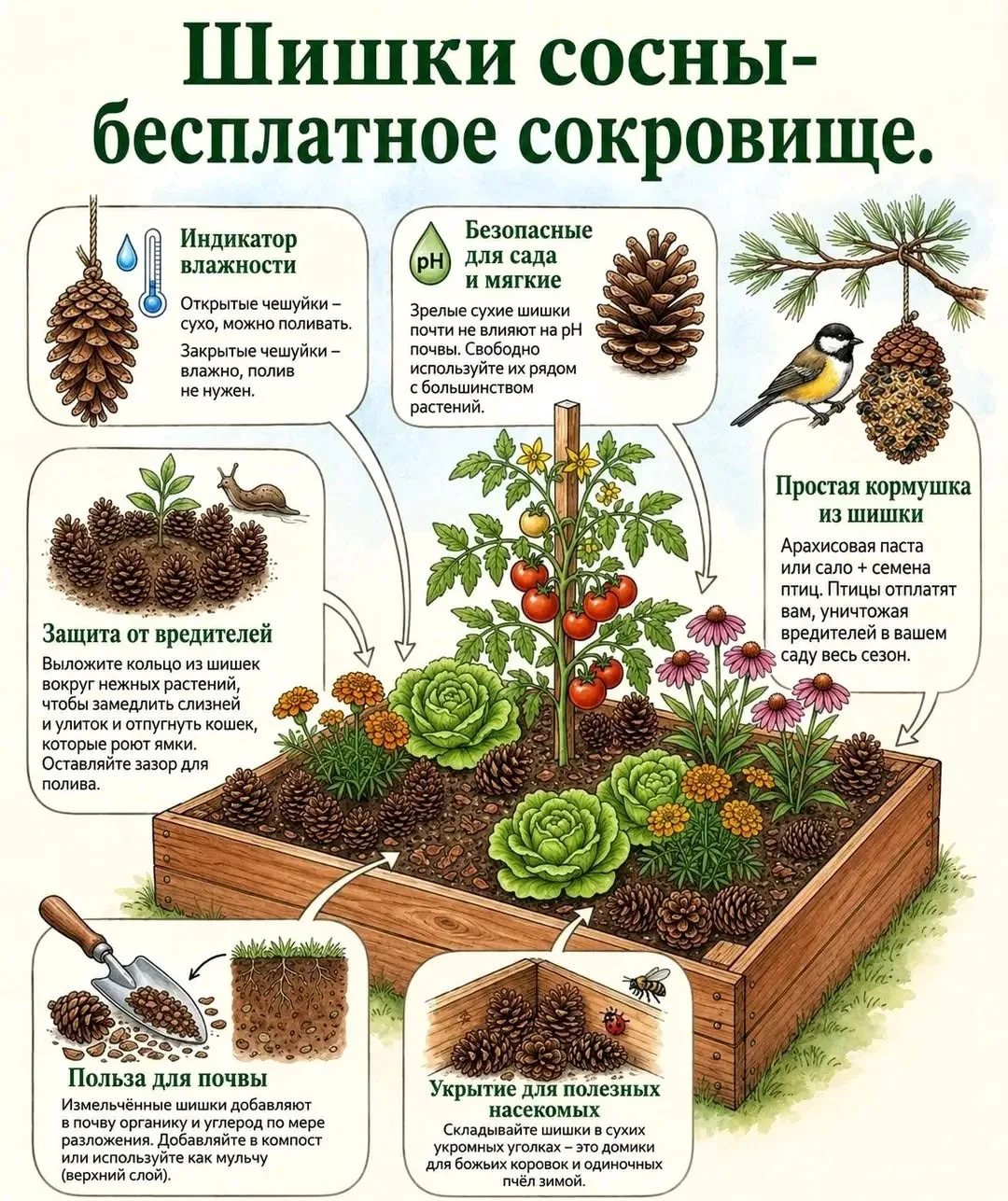 Чем полезны шишки на огороде 🌲

Никогда не собирайте шишки с больных деревьев. Для мульчи используй