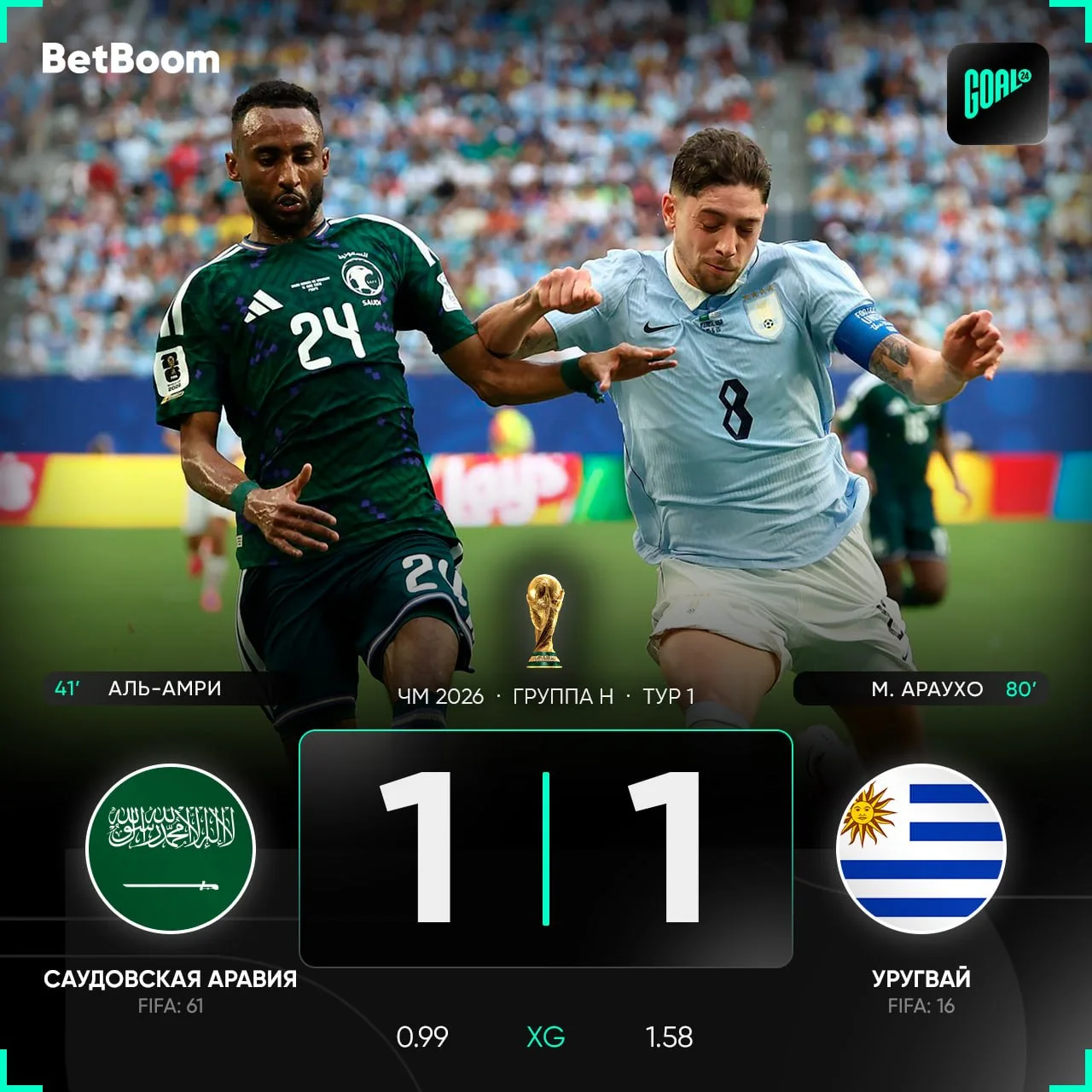 👊 САУДОВСКАЯ АРАВИЯ ДАЛА БОЙ УРУГВАЮ!

🇺🇾1. Уругвай - 1 очко
🇸🇦2. Саудовская Аравия - 1 очко
🇨