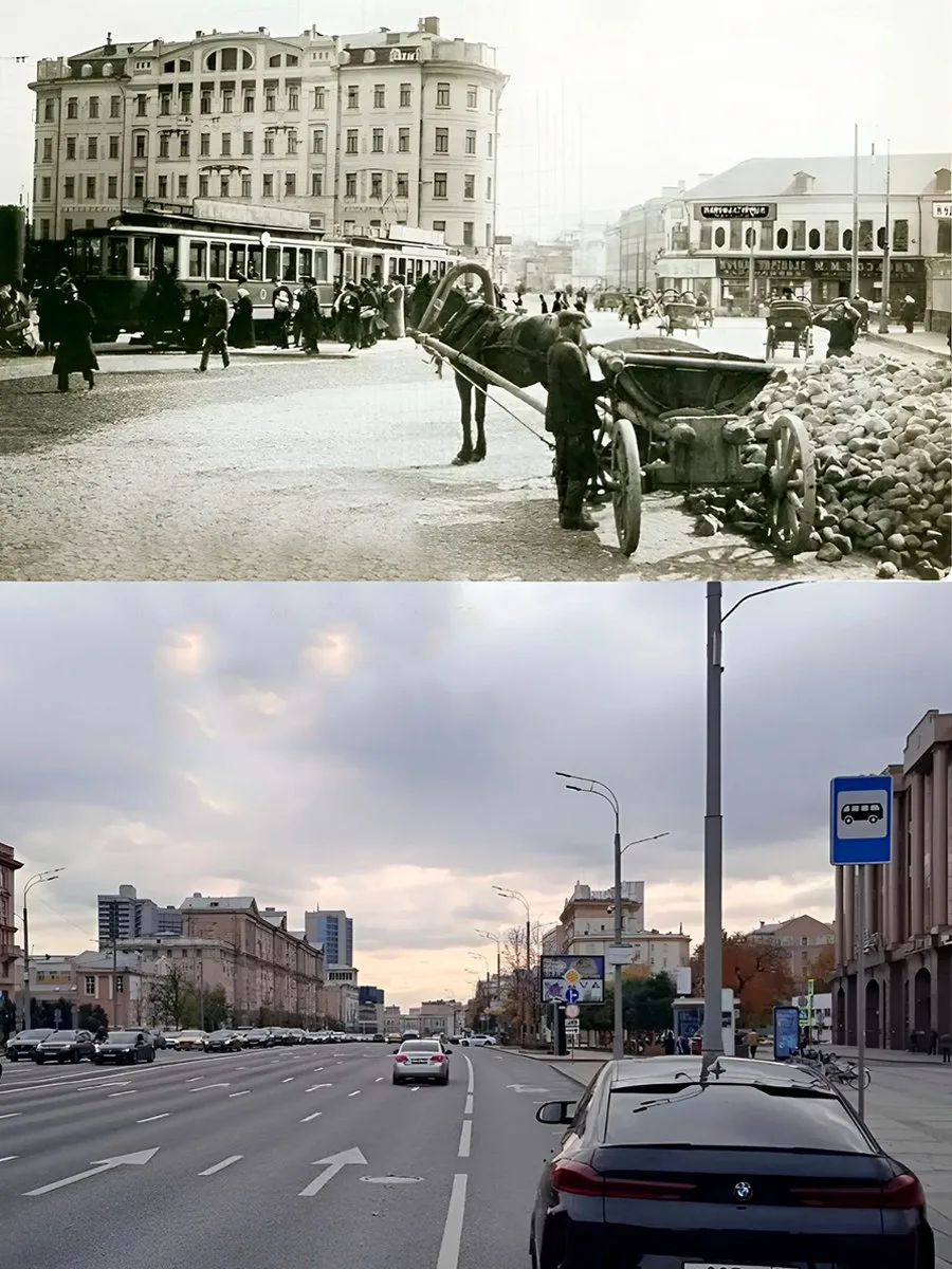 📍Кудринская площадь. 

1914/2023 год.

💡Шестиэтажное здание в центре старинного кадра — доходный д