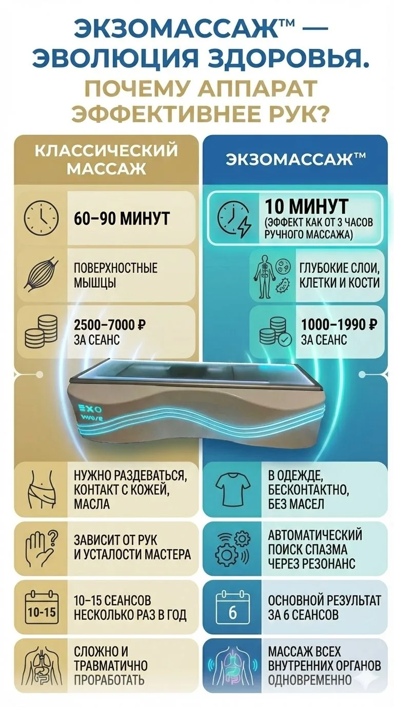 Сравнение обычного массажа и Экзомассажа.

помимо Времени и Стоимости ⏳ Экзомассаж выигрывает за сче