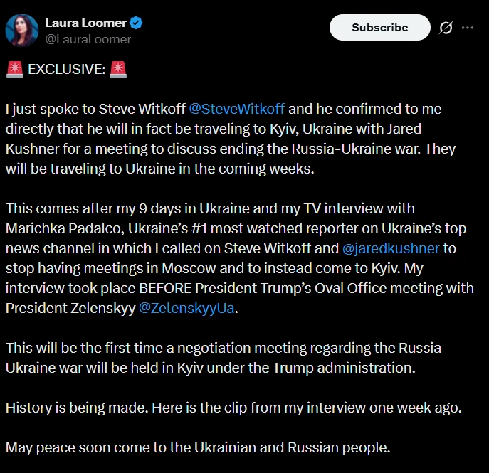 📸 Лора Лумер подтвердила, что спецпосланники Трампа Уиткофф и Кушнер в ближайшие недели направятся 