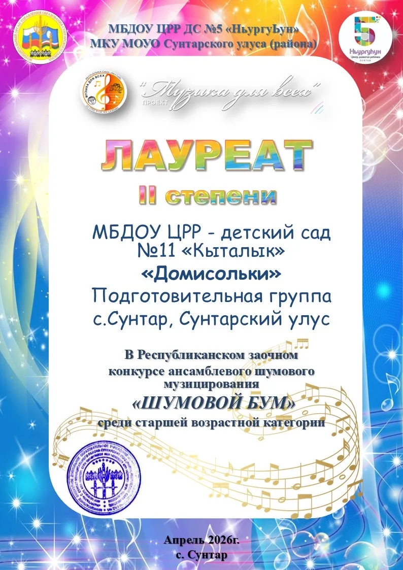 🏆 ПОЗДРАВЛЯЕМ ЛАУРЕАТОВ!

Воспитанники подготовительной группы «Домисольки» МБДОУ ЦРР-детский сад №