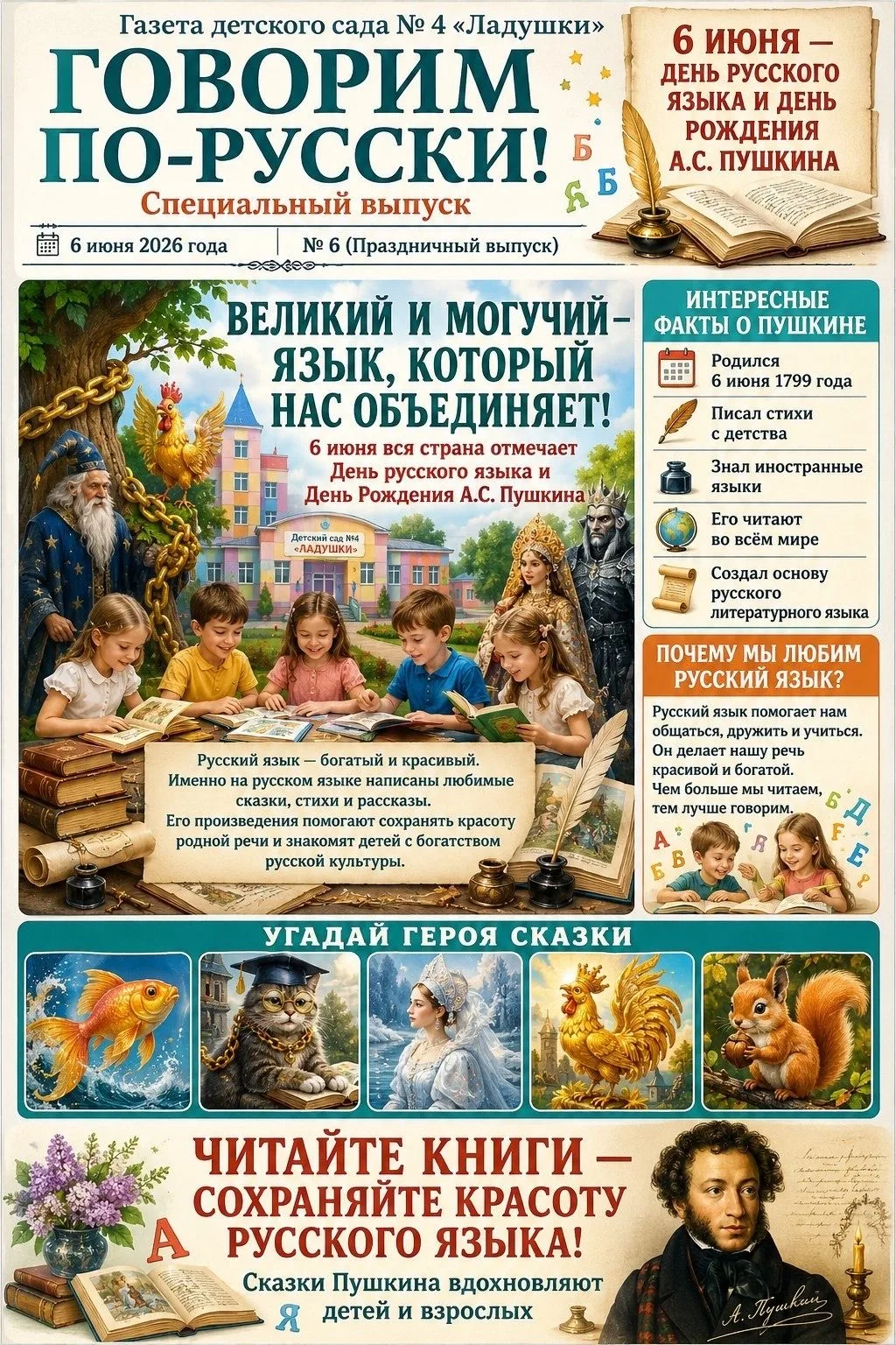 ‼️ Срочный выпуск газеты детского сада "Ладушки" ‼️
6 июня мы отмечаем Пушкинский день России (День 