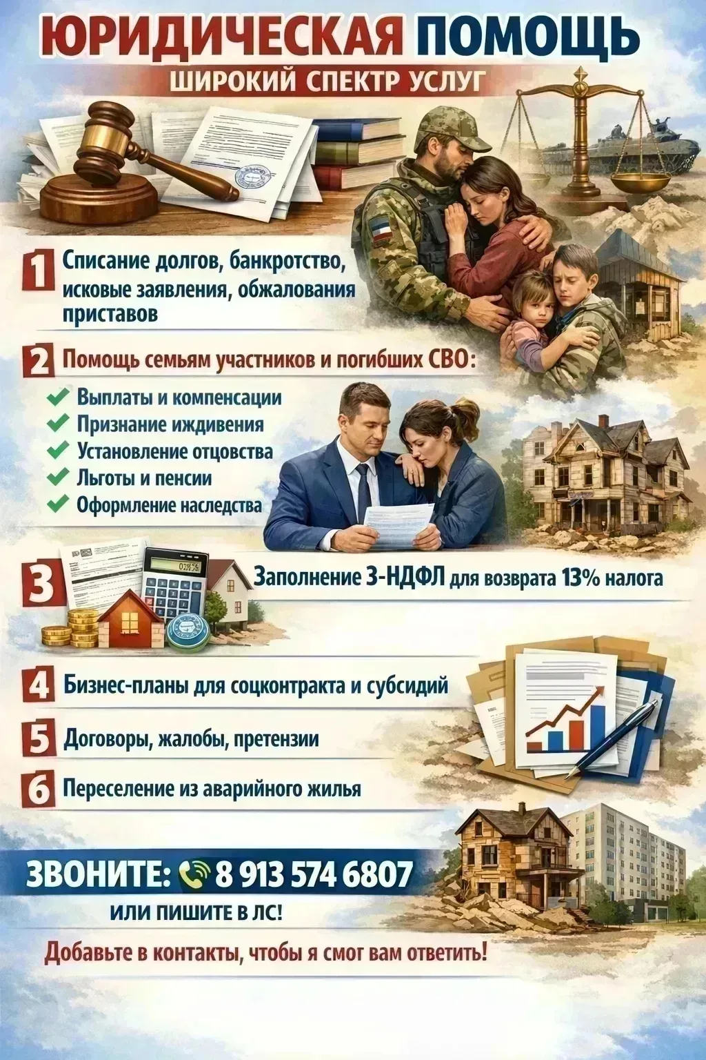 1⃣. Составление исковых заявлений любой сложности, отмена судебных приказов, списание долгов,  внесу