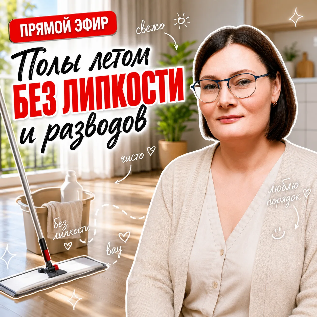 Девочки, сегодня в 19:00 по МСК встречаемся на прямом эфире ❤️ 
Тема — Полы летом: чем мыть, чтобы н