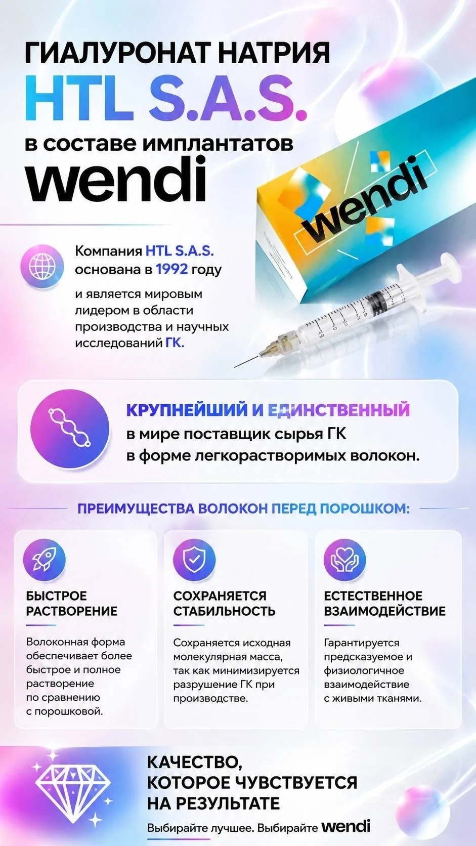 💜Бренд: Wendi
Производитель сырья: HTL S.A.S. — крупнейший в мире поставщик гиалуроната натрия в фо
