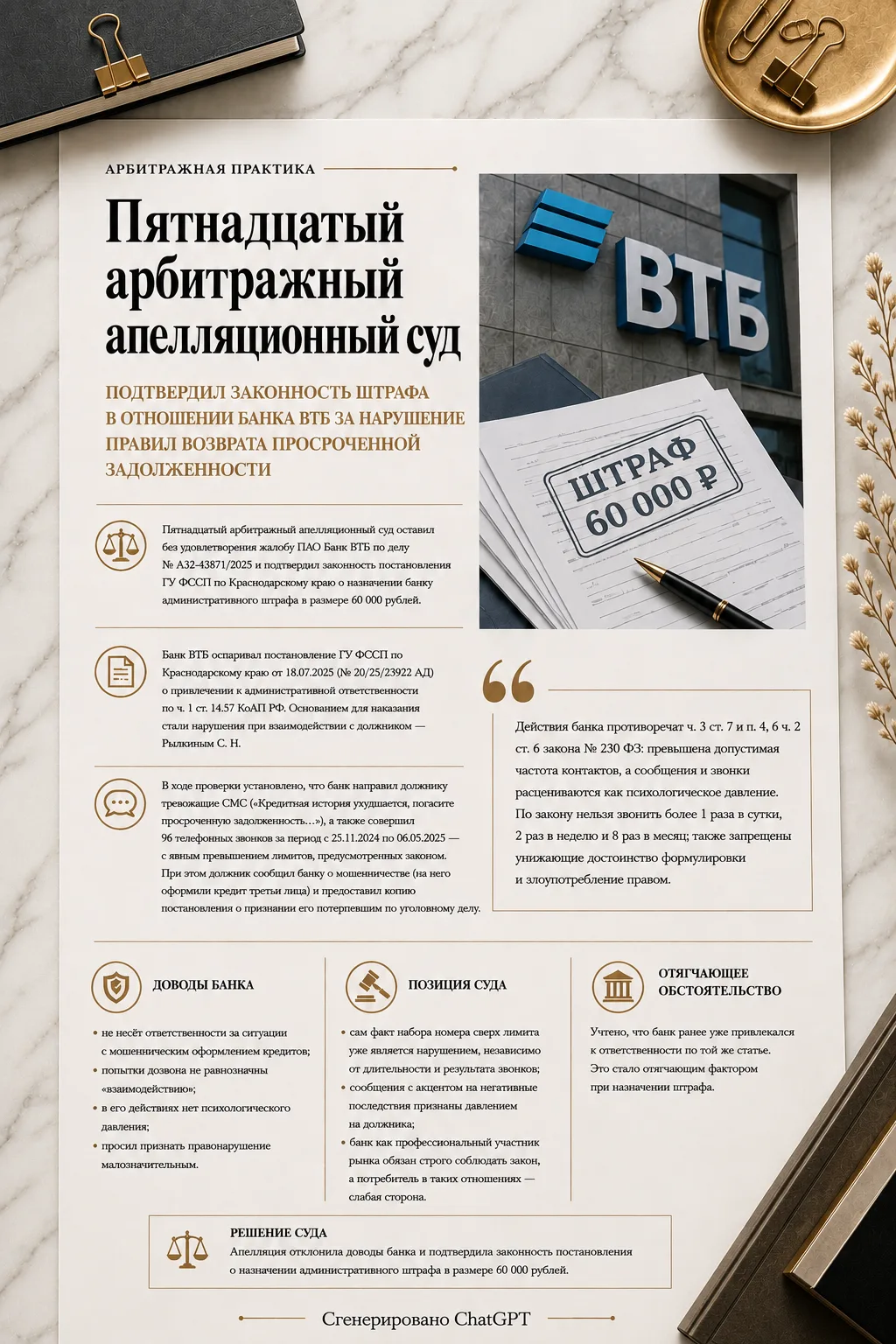 📌 Пятнадцатый арбитражный апелляционный суд подтвердил законность штрафа для ПАО «Банк ВТБ» за нару