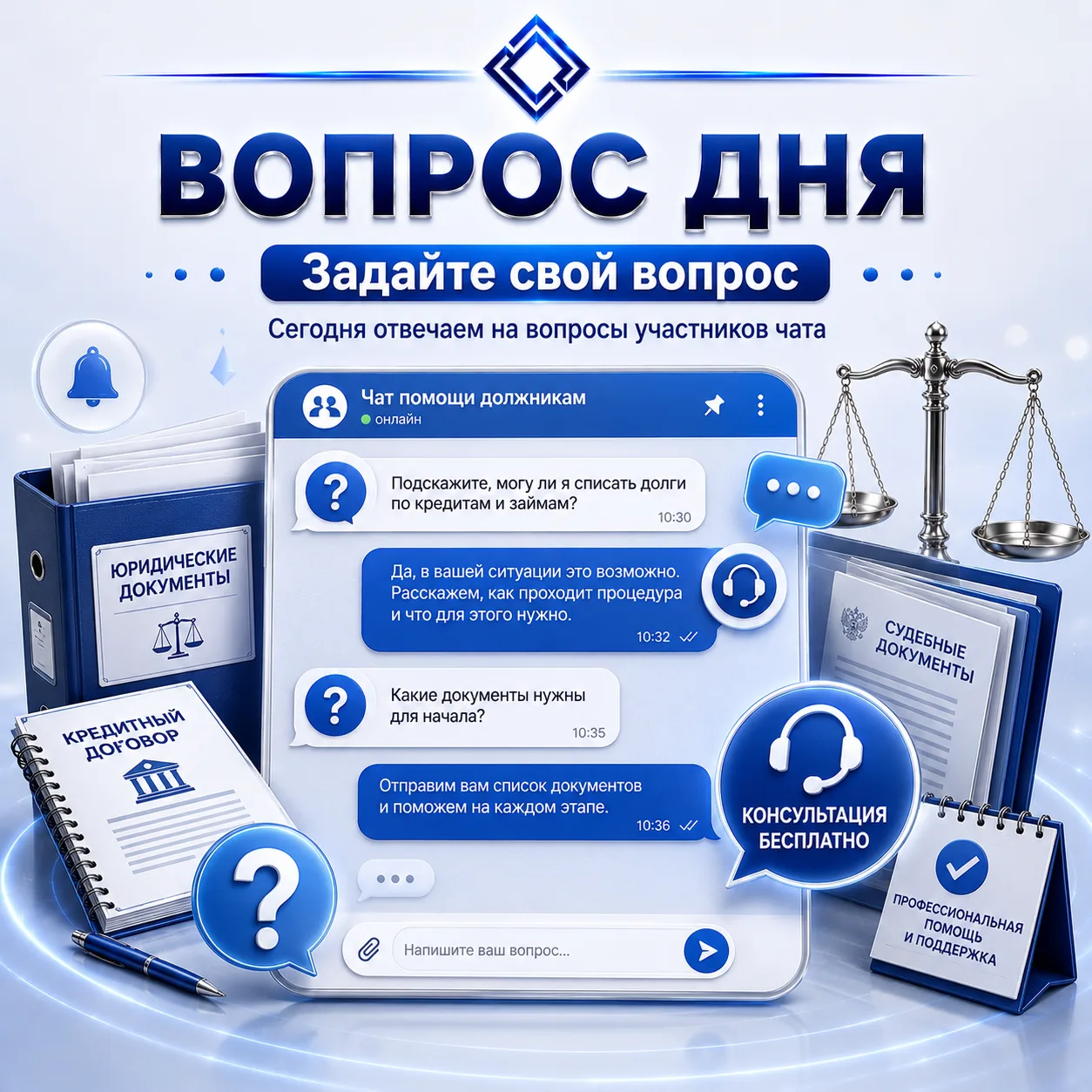 Друзья, сегодня ждем ваши вопросы в рубрику "Вопрос дня".

Если у вас есть вопросы о:
* банкротстве 