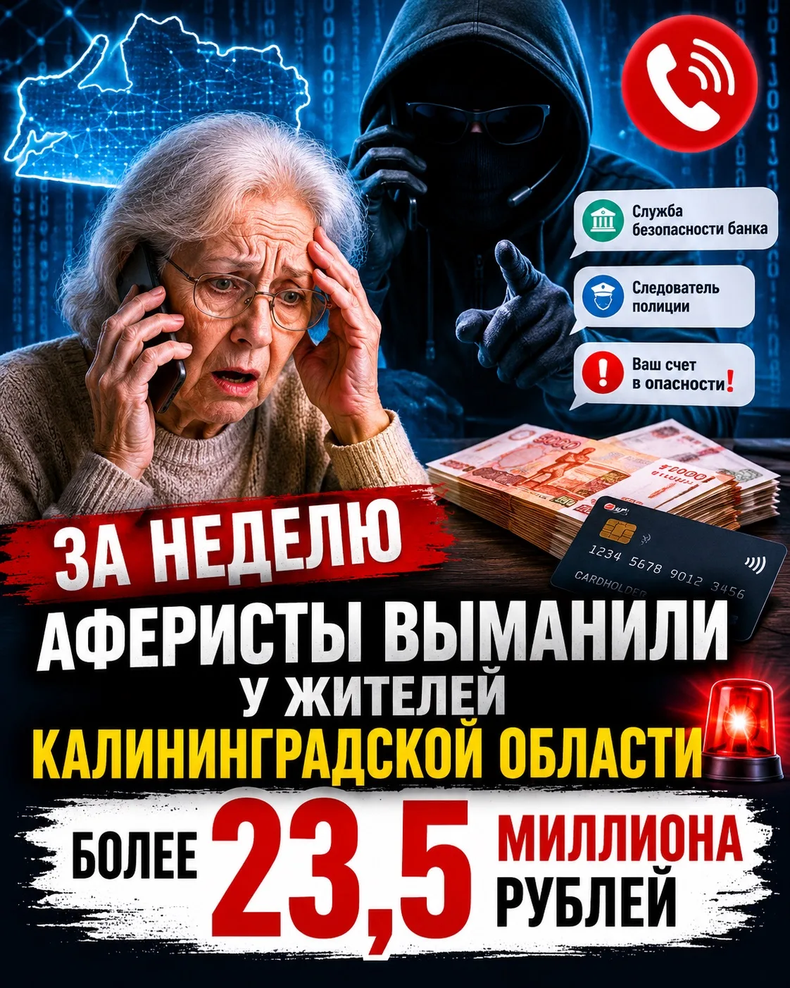 📢 ЗА НЕДЕЛЮ АФЕРИСТЫ ВЫМАНИЛИ У ЖИТЕЛЕЙ КАЛИНИНГРАДСКОЙ ОБЛАСТИ БОЛЕЕ 23,5 МИЛЛИОНА РУБЛЕЙ

Всего з