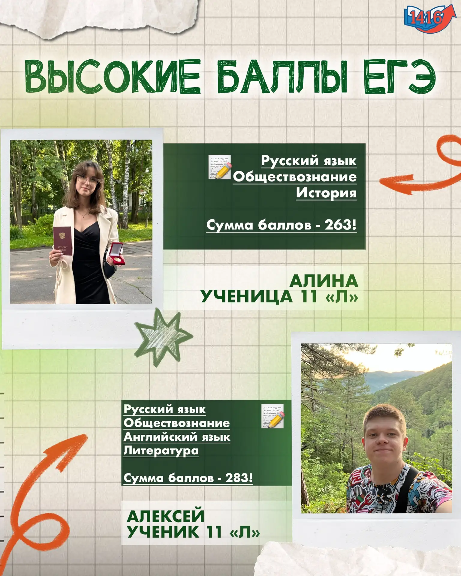 ✏Результаты наших учеников | ЕГЭ на высокие баллы

В этом году наши выпускники 11 «Л» класса Алина и