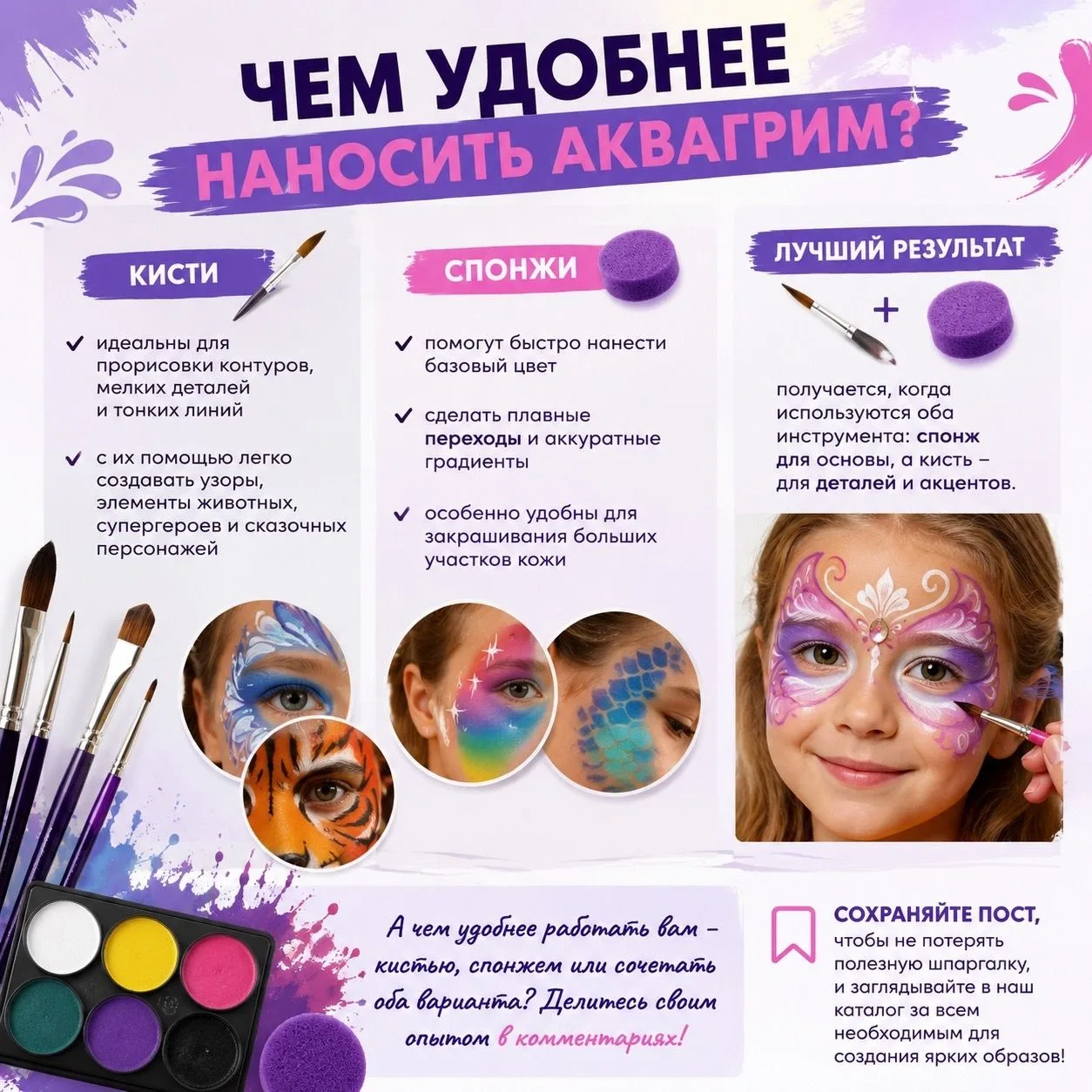 🎨 Чем удобнее наносить аквагрим?
Чтобы рисунок получился ярким, аккуратным и стойким, важно выбрать