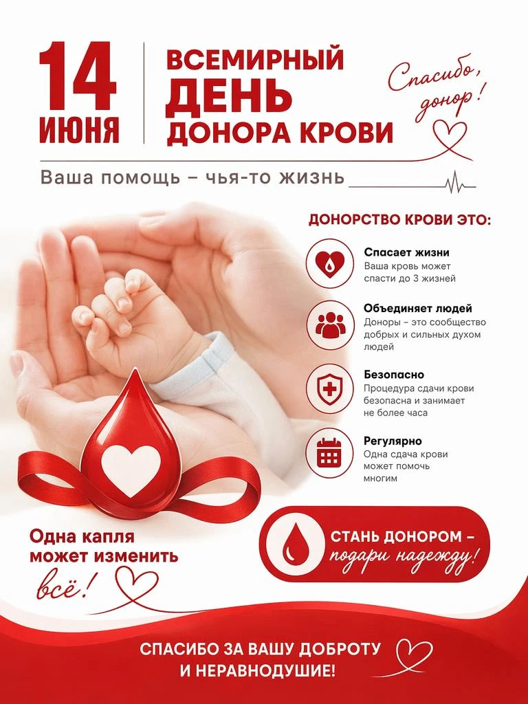 14 июня — Всемирный день донора крови

Всемирный день донора отмечается ежегодно 14 июня. Это особый