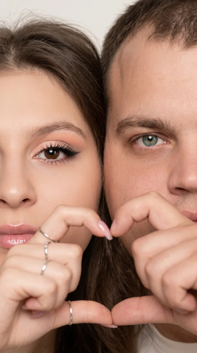 A close-up, frontal photograph in which the faces of two models, viewed from the front, are position