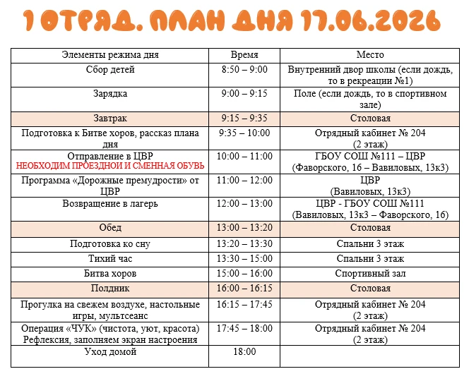 💡Публикуем актуальный план дня 17.06.2026 в ГОЛ «Радуга».

🌧️☂️Прогноз погоды обещает дождливую по
