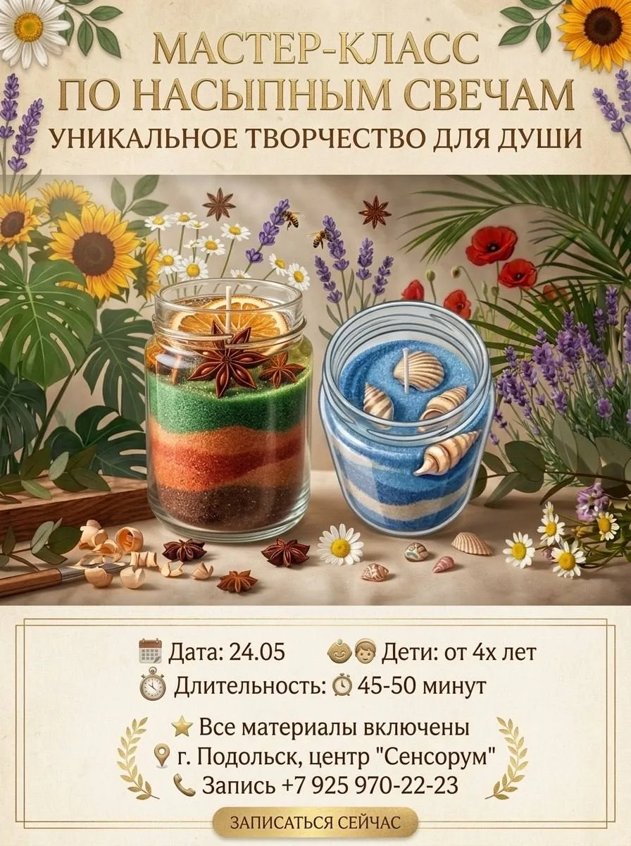 24 мая в 14:00 приглашаем детей на увлекательный мастер-класс по насыпным свечам.

🕯 Мастер-класс «