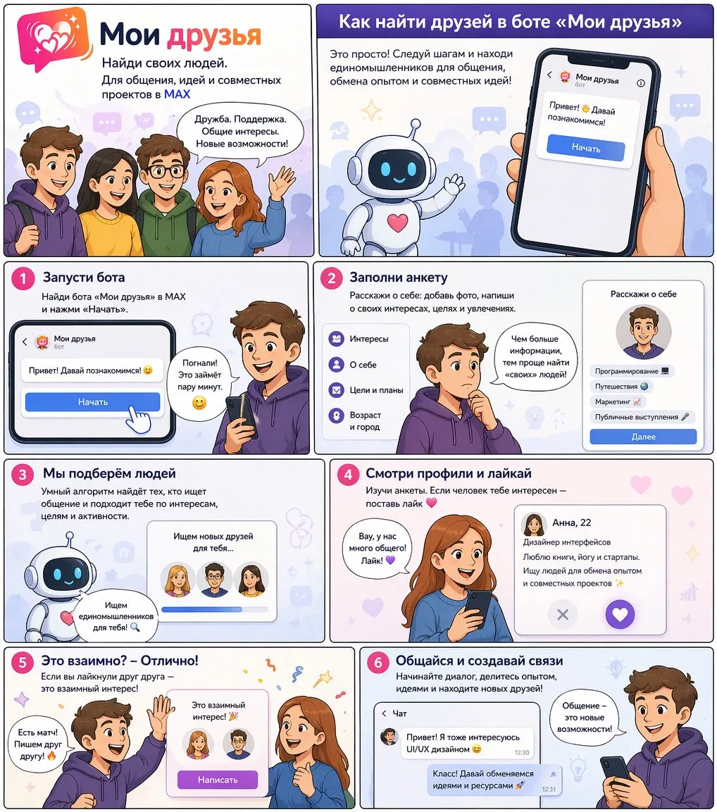 💬 Общайся и находи единомышленников

1️⃣ Запусти бота
2️⃣ Заполни анкету
3️⃣ Получай людей по интер