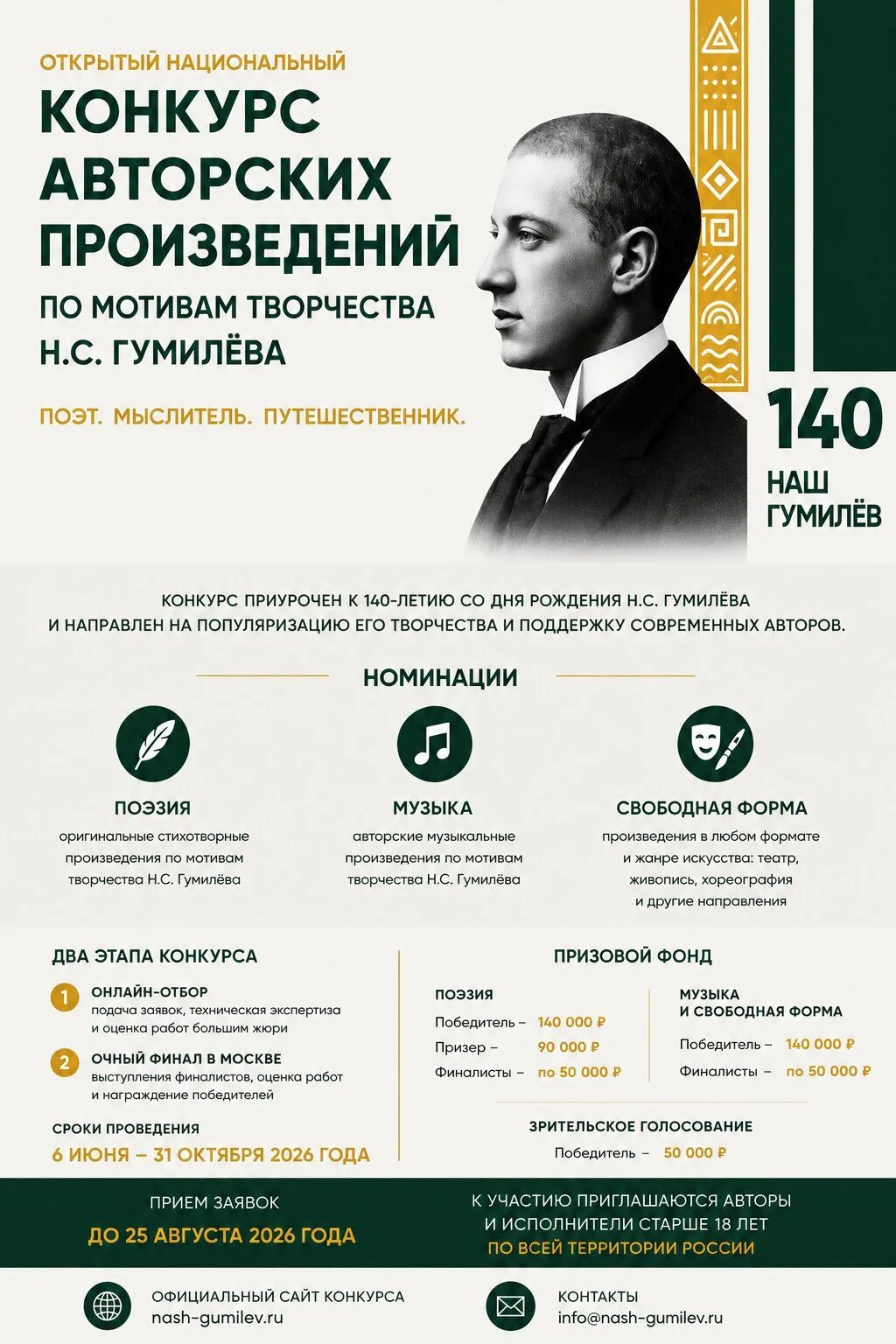 Творческие конкурсы  «Наш Гумилев. 140»

Конкурс посвящен 140-летию со дня рождения поэта, мыслителя