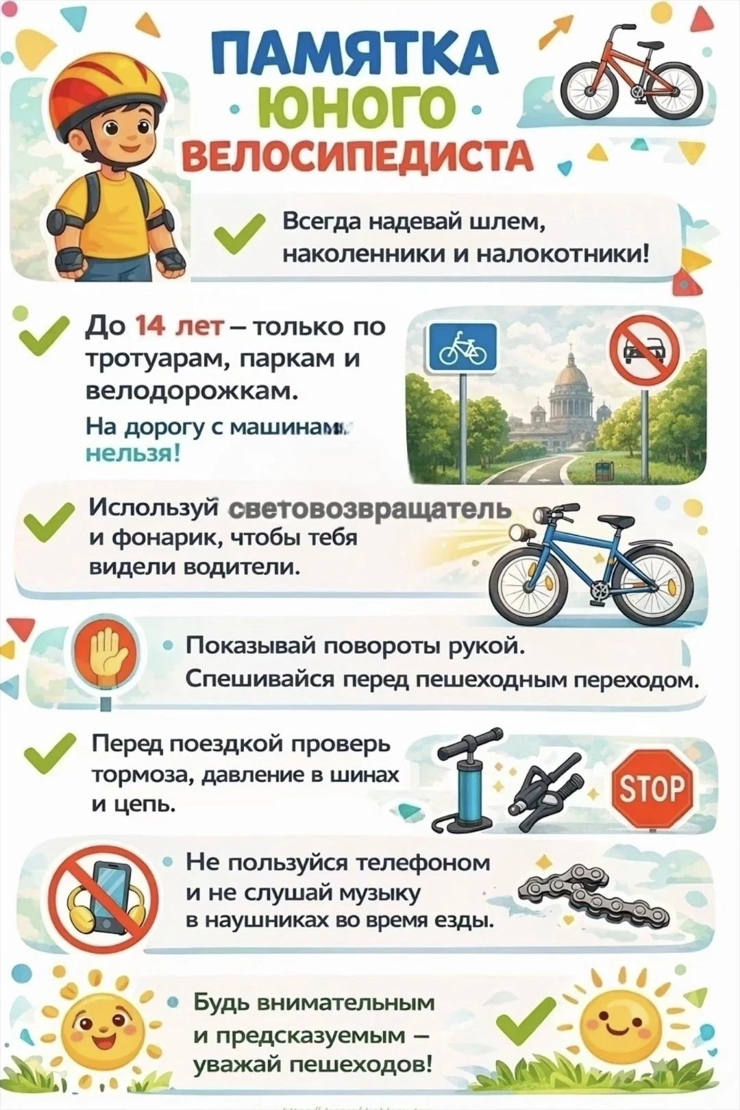 🚴‍♂️ Обратите внимание на памятку юного велосипедиста! 
#13школаОбнинск #БезопасностьОбнинск