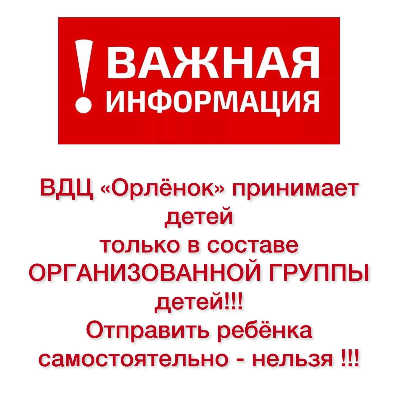 ❗️Важно! ВДЦ «Орлёнок» принимает детей только в составе организованной группы! Отправить ребёнка в д