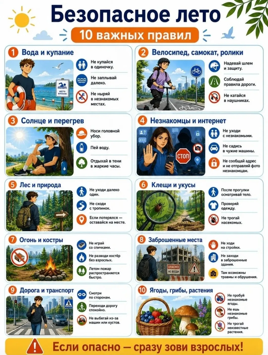 РУБРИКА «БЕЗОПАСНЫЕ КАНИКУЛЫ»

☀️ Безопасное лето начинается с простых правил!

👦 Детям — не уходит