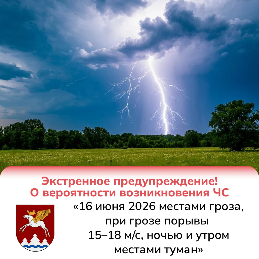 ⚡️16 июня 2026 местами по Республике Марий Эл гроза, при грозе порывы 15–18 м/с, ночью и утром места