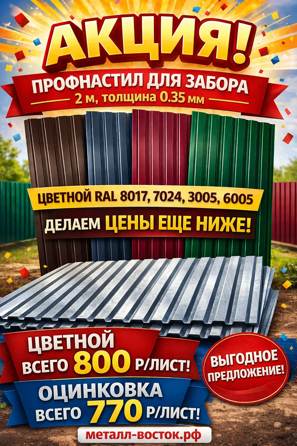 🔥 ДЕЛАЕМ ЦЕНЫ ЕЩЁ НИЖЕ! 🔥
Профнастил для забора
✔ Высота: 2 м
✔ Толщина: 0,35 мм
✔ Цвета: RAL 8017