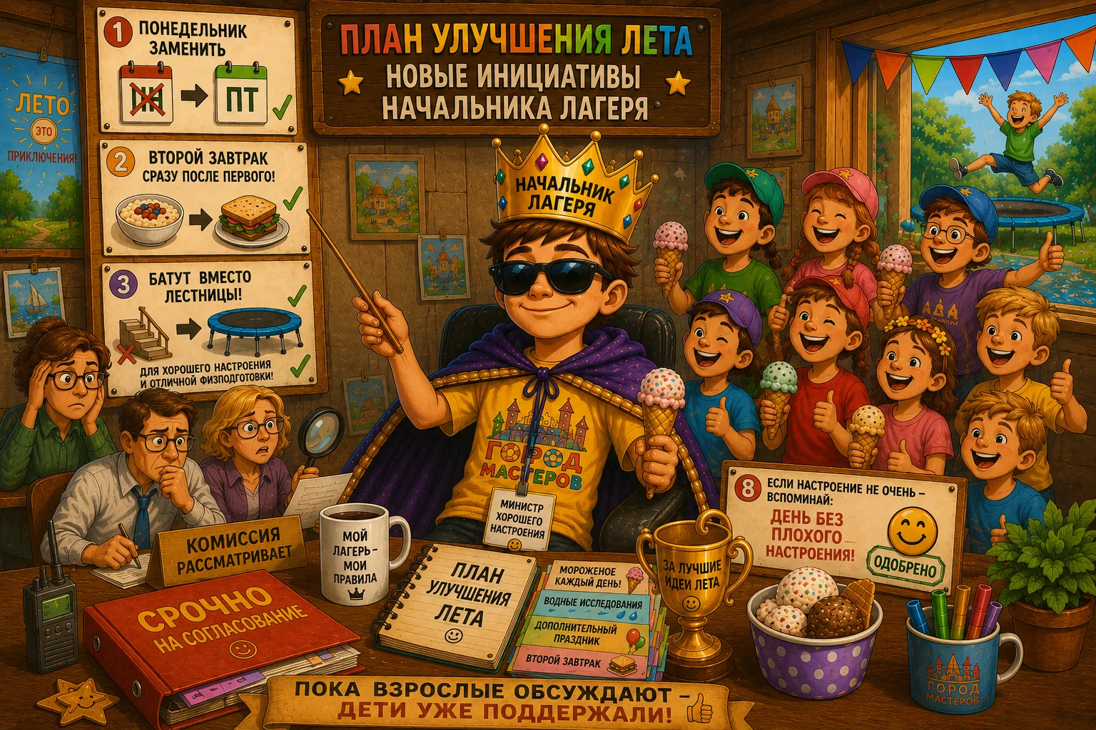 👑 Детский начальник лагеря снова выступил с инициативами:
👌Понедельник заменить пятницей.
👍Добави