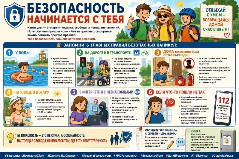 🔒 БЕЗОПАСНОСТЬ НАЧИНАЕТСЯ С ТЕБЯ

Каникулы — это время отдыха, свободы и новых впечатлений. Но чтоб