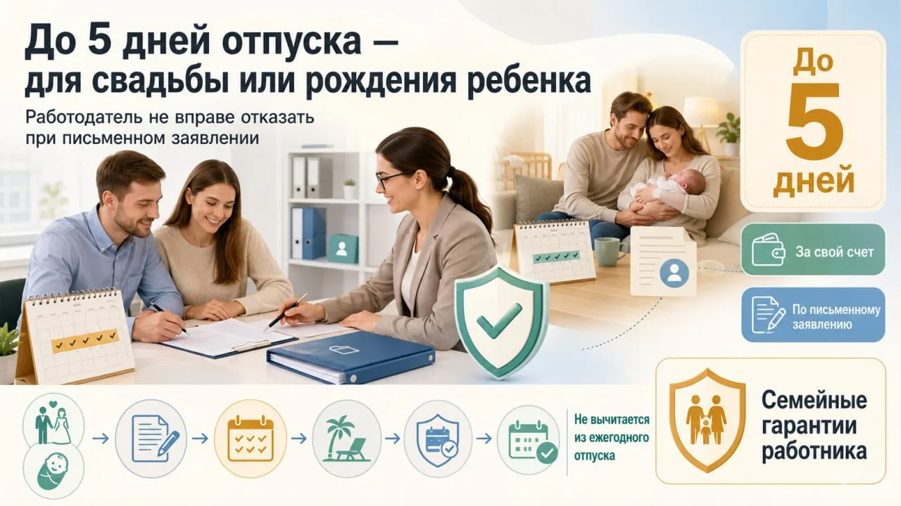 Россияне могут взять дополнительно до 5 дней отпуска за свой счёт для подготовки к свадьбе, сообщает