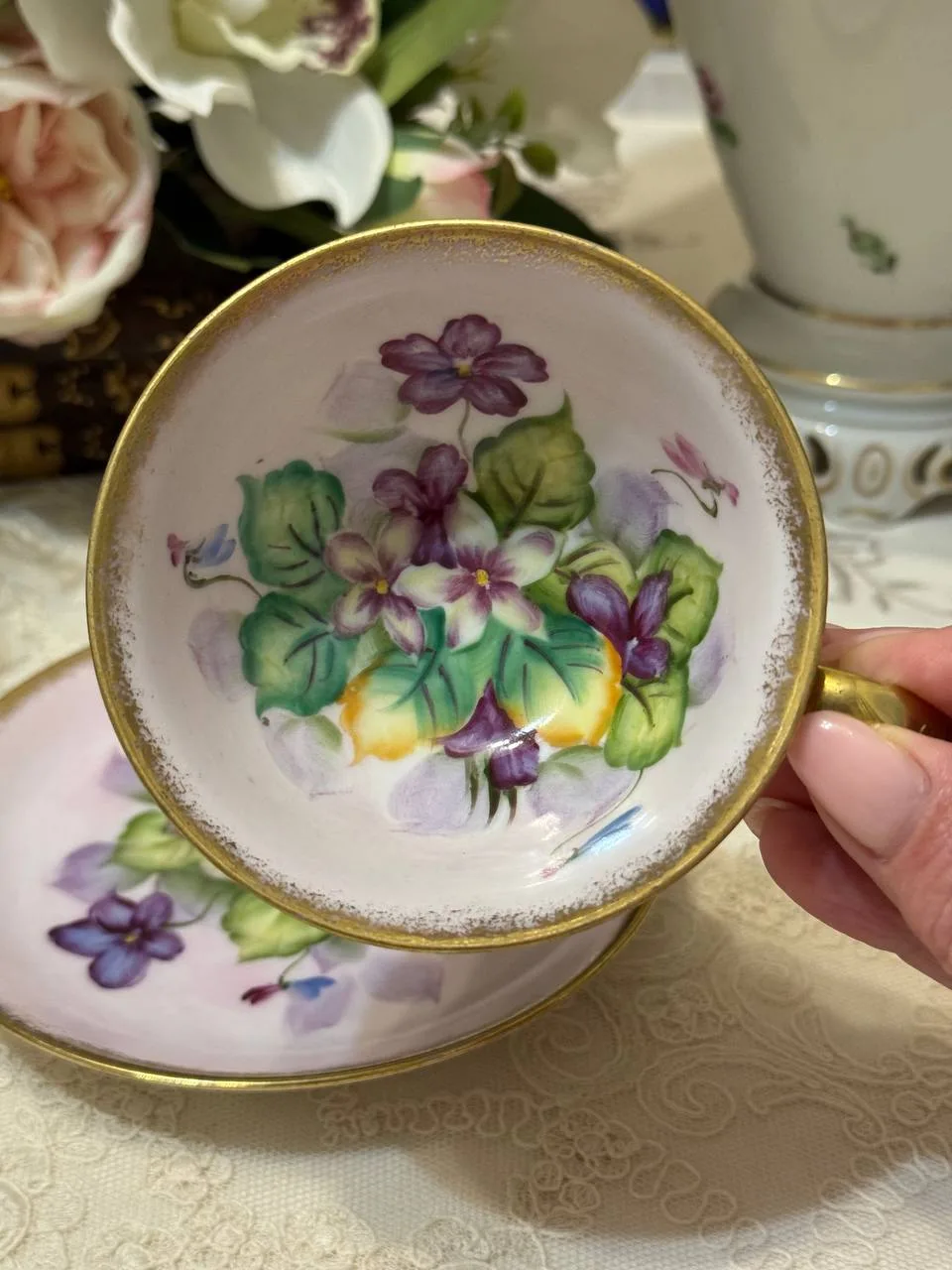 Редкая старинная чайная-кофейная пара от Shafford, Япония. 
Нежная ручная роспись с изображением фиа