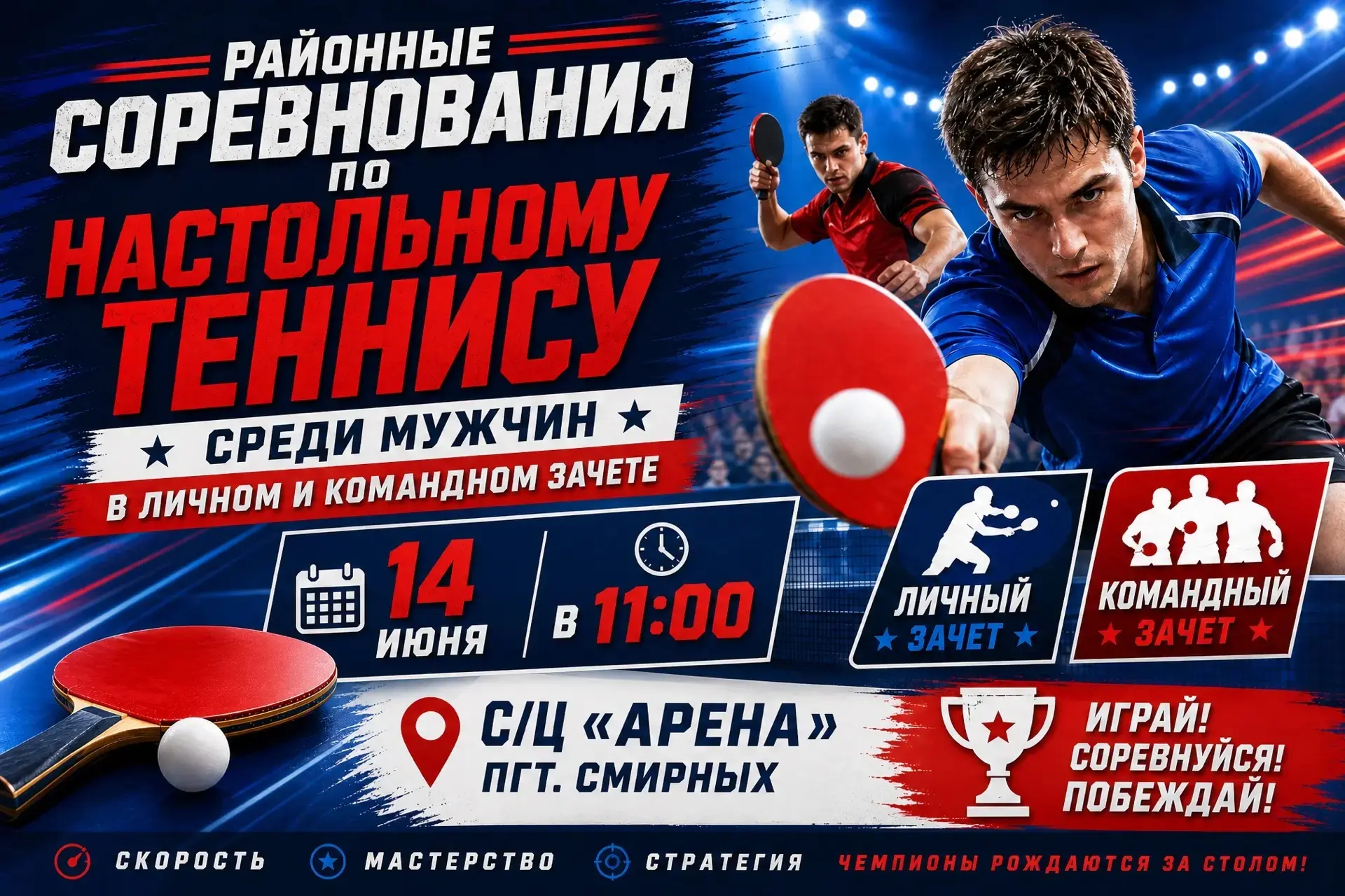14 июня (воскресенье) 
в с/ц «Арена» пгт. Смирных пройдут соревнования по настольному теннису среди 