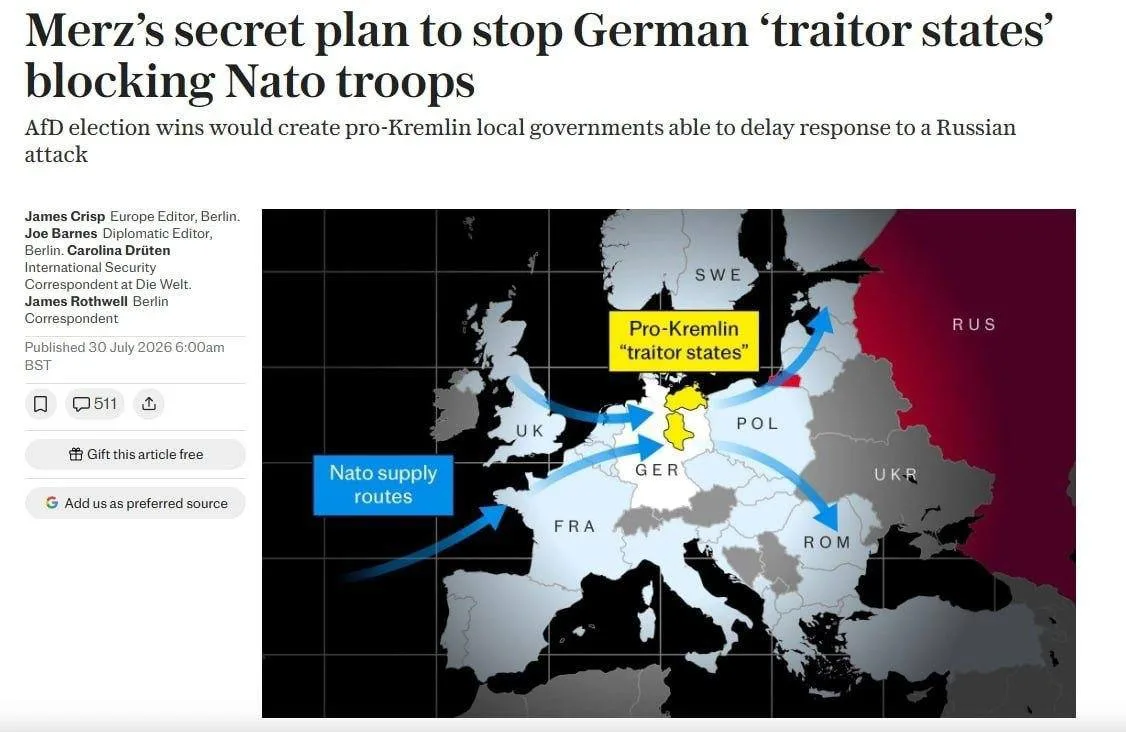 Германия готовится к сценарию «внутреннего саботажа» при угрозе со стороны России.

В Берлине всерьё