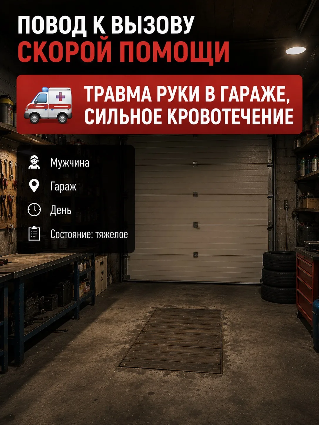 Повод к вызову: мужчина, травма руки в гараже, сильное кровотечение.

На такие вызовы всегда едешь в