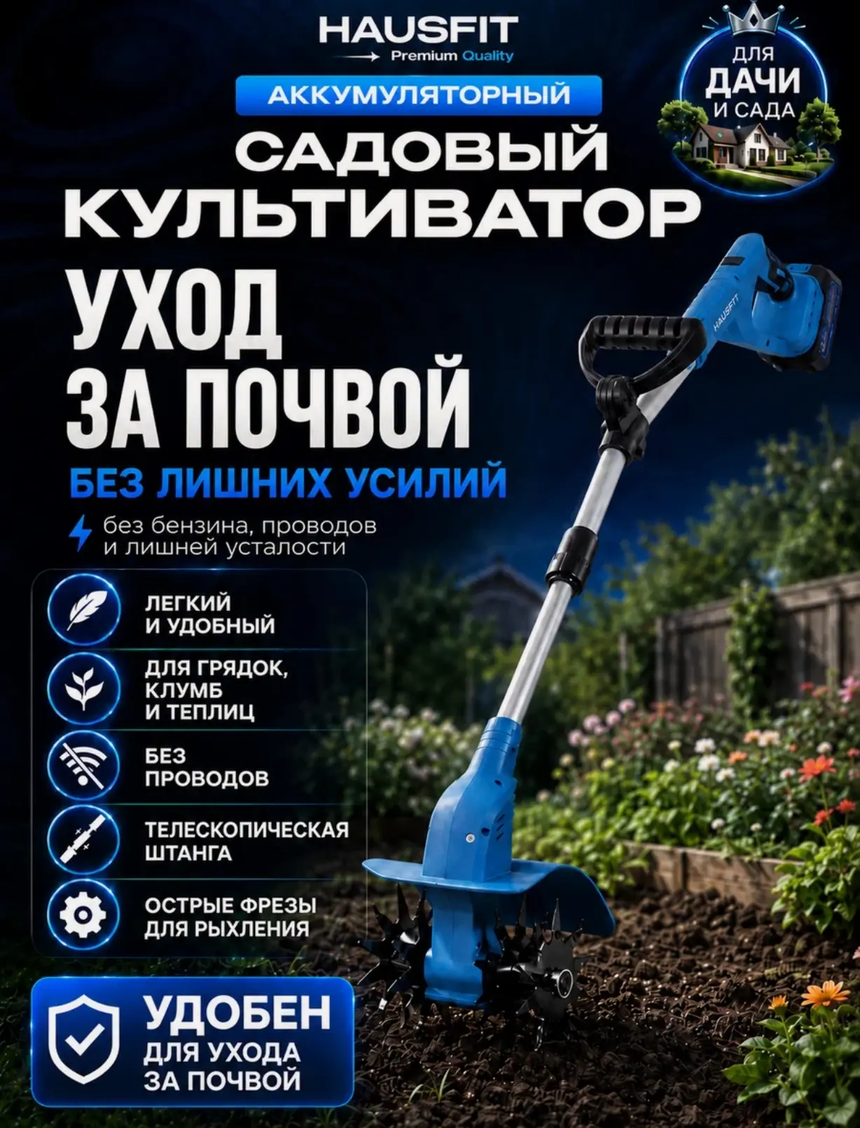 Культиватор HAUSFIT CULT, 2000 Вт, 2 аккумулятора 6000mAh, ЕVA-кейс для аксессуаров, индикатор заряд