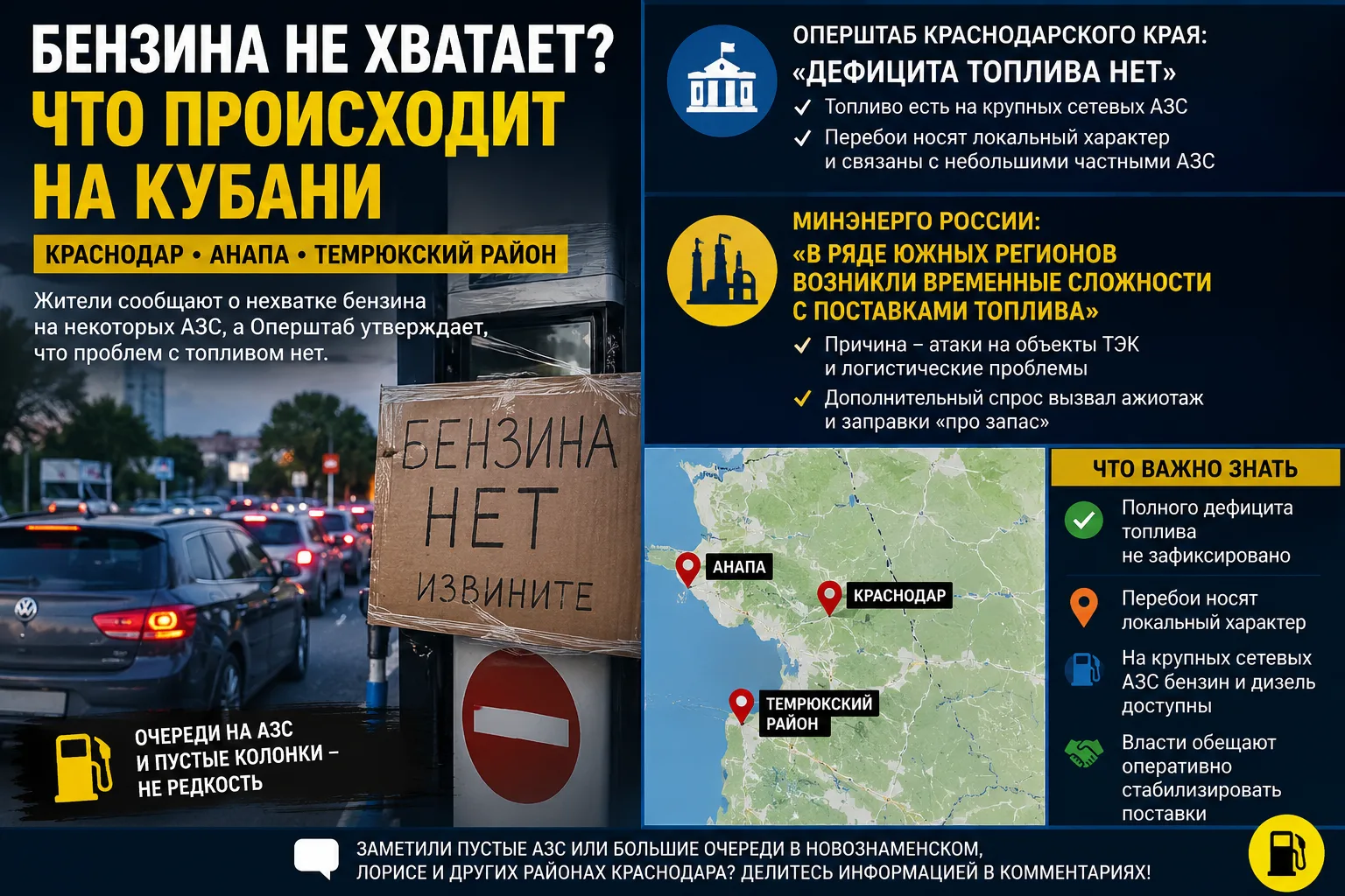Бензиновый ажиотаж на Кубани: что происходит на самом деле?
Жители Краснодара, Анапы и Темрюкского р
