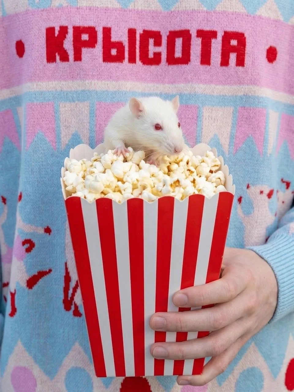 Неожиданная находка для июня — свитер! Но как пройти мимо такой крысоты? Бренд «Связь» сами назвали 