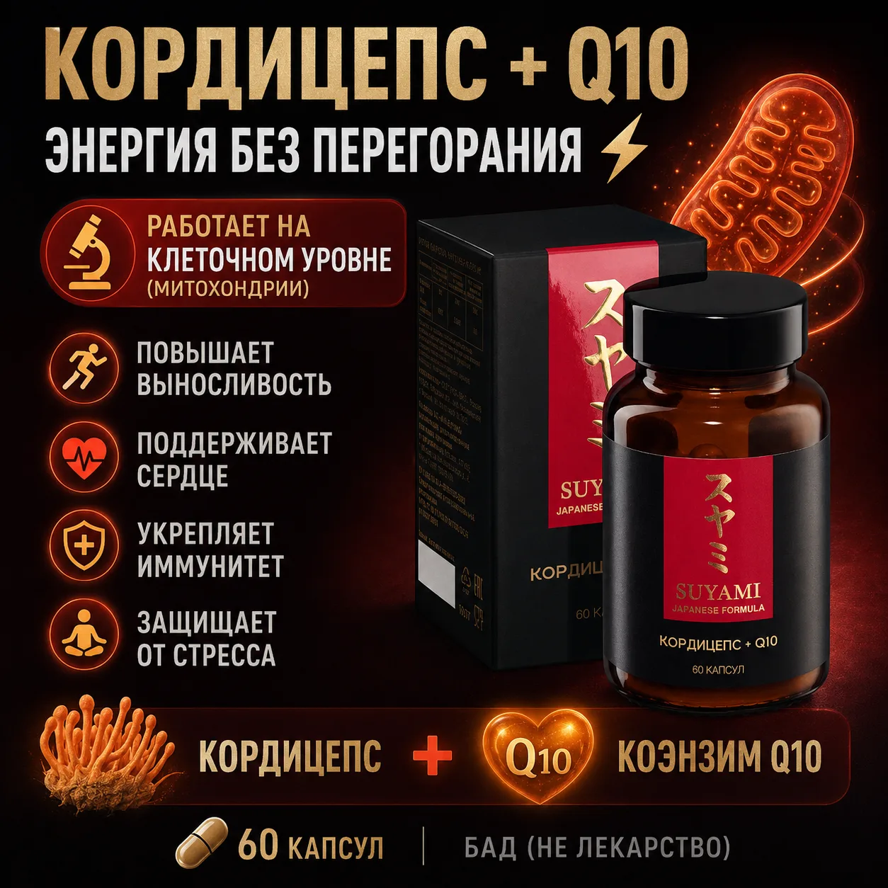 🔸Биологически активная добавка к пище 
«Кордицепс + Q10» 60 капсул 
по 500 мг. 1280 руб. + доставка