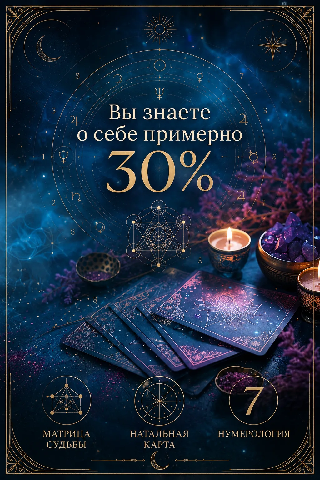 🧠 Вы знаете о себе примерно 30%

Всё остальное спрятано в числах вашей даты рождения, в арканах Мат