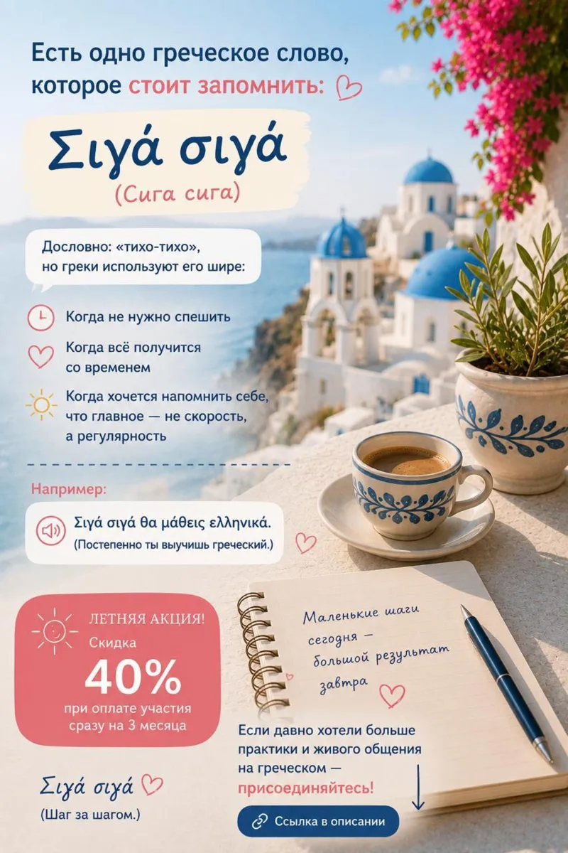 Есть одно греческое слово, которое сначала немного удивляет иностранцев 🙂

📍Σιγά σιγά

Если пе
