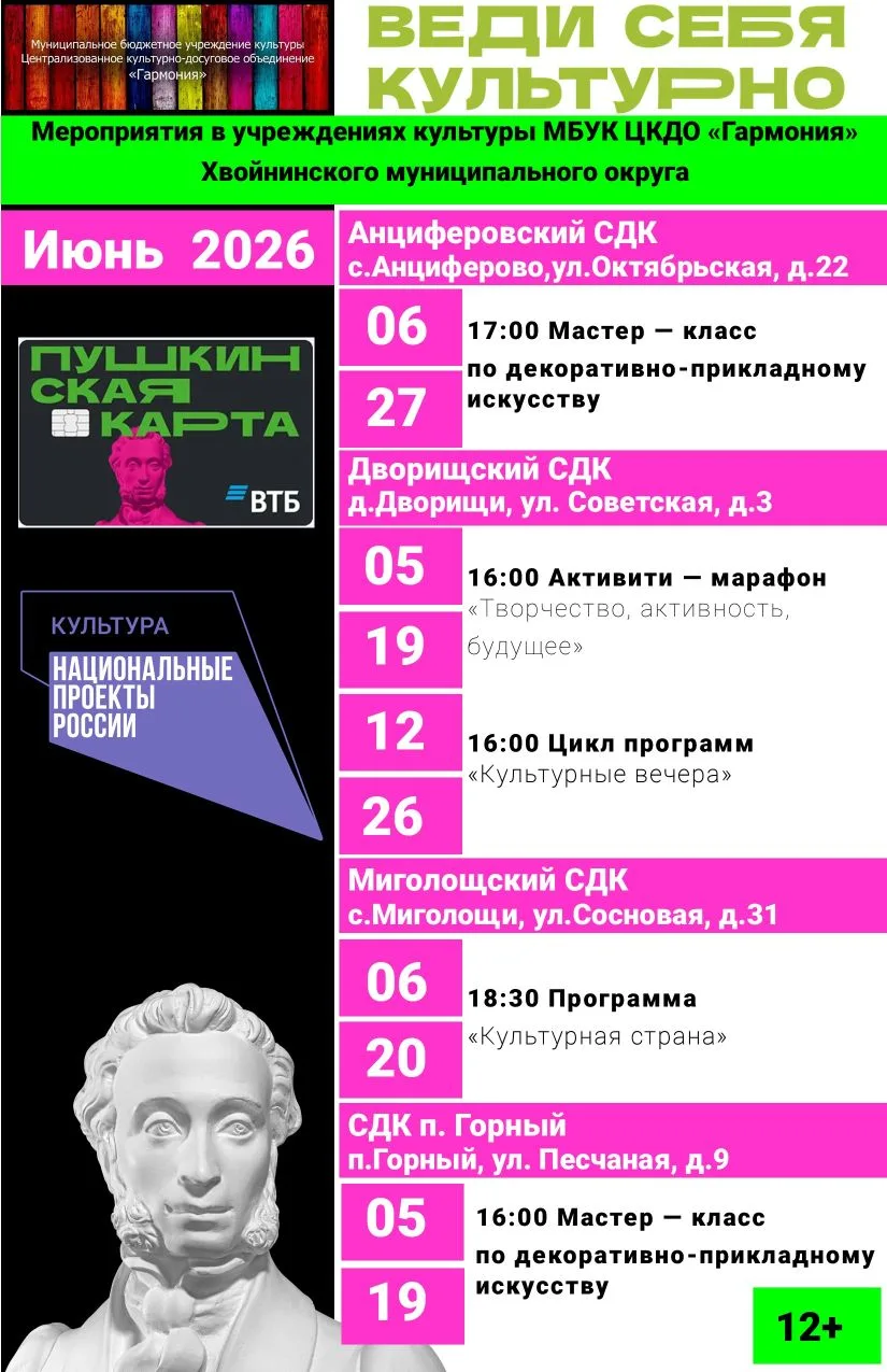 Уважаемые держатели Пушкинской карты! 
 
Вашему вниманию - дайджест по Пушке в учреждениях Культурно
