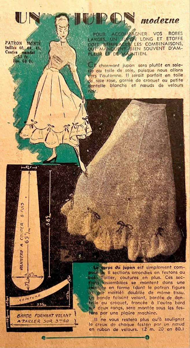 Нижняя юбка из 8 деталей (восьмиклинка) с поясом и оборкой. 1948_09_12 Un jupon moderne