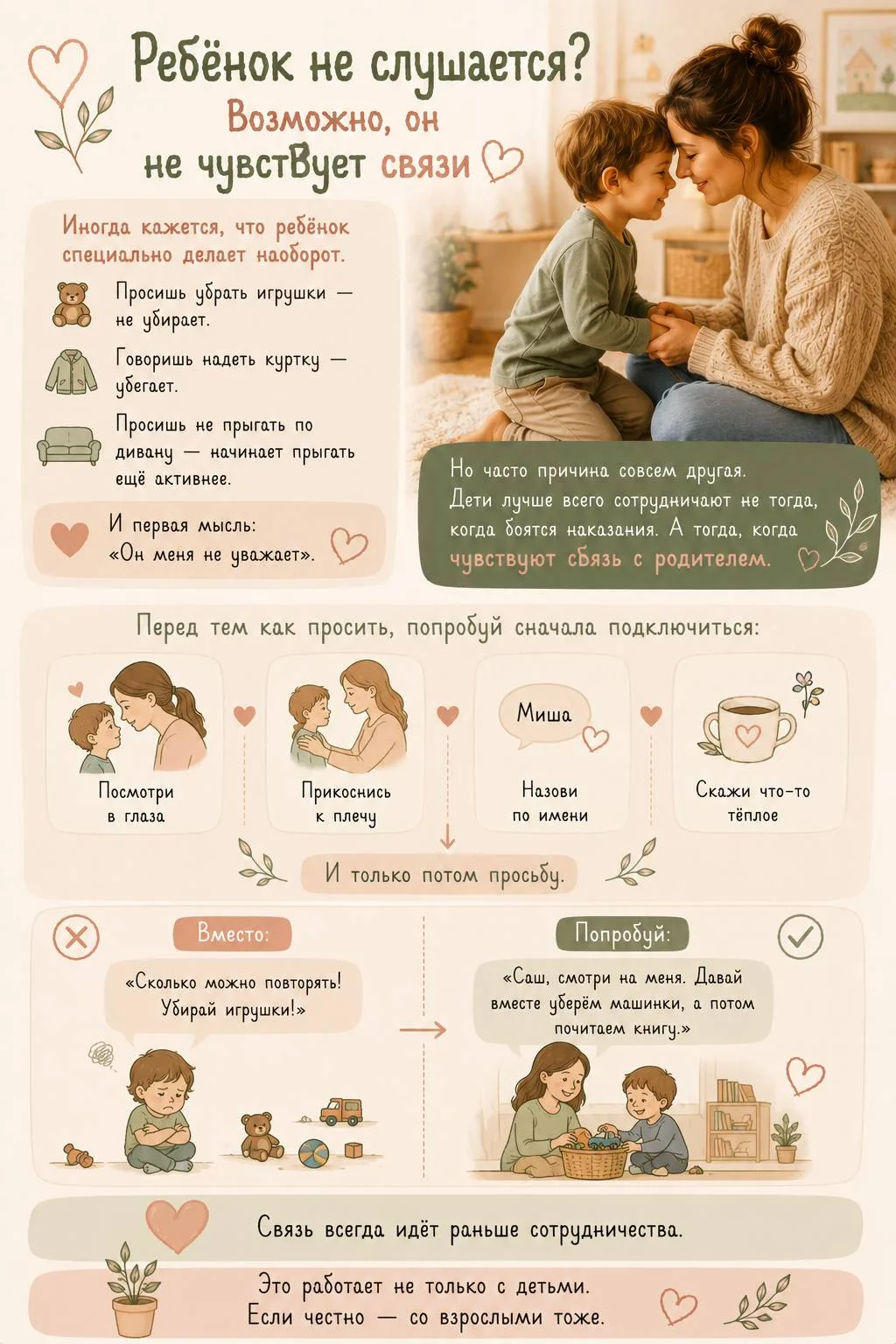 Ребёнок не слушается? Возможно, он не чувствует связи

Связь всегда идёт раньше сотрудничества.
Это 