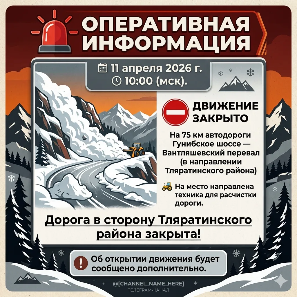 🚨 Оперативная информация

📅 11 апреля 2026 г.
🕓 10:00 (мск). 

📍 На 75 км автодороги Гунибское ш