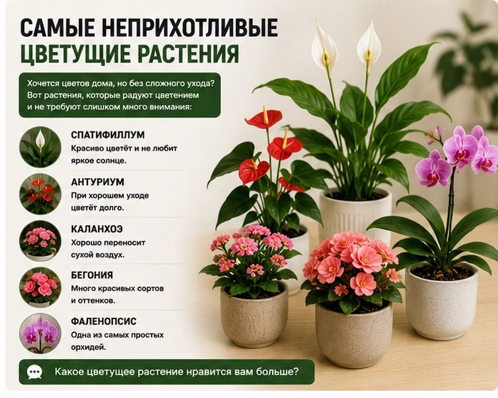 Самые неприхотливые цветущие растения

Хочется цветов дома, но без сложного ухода?

Вот растения, ко