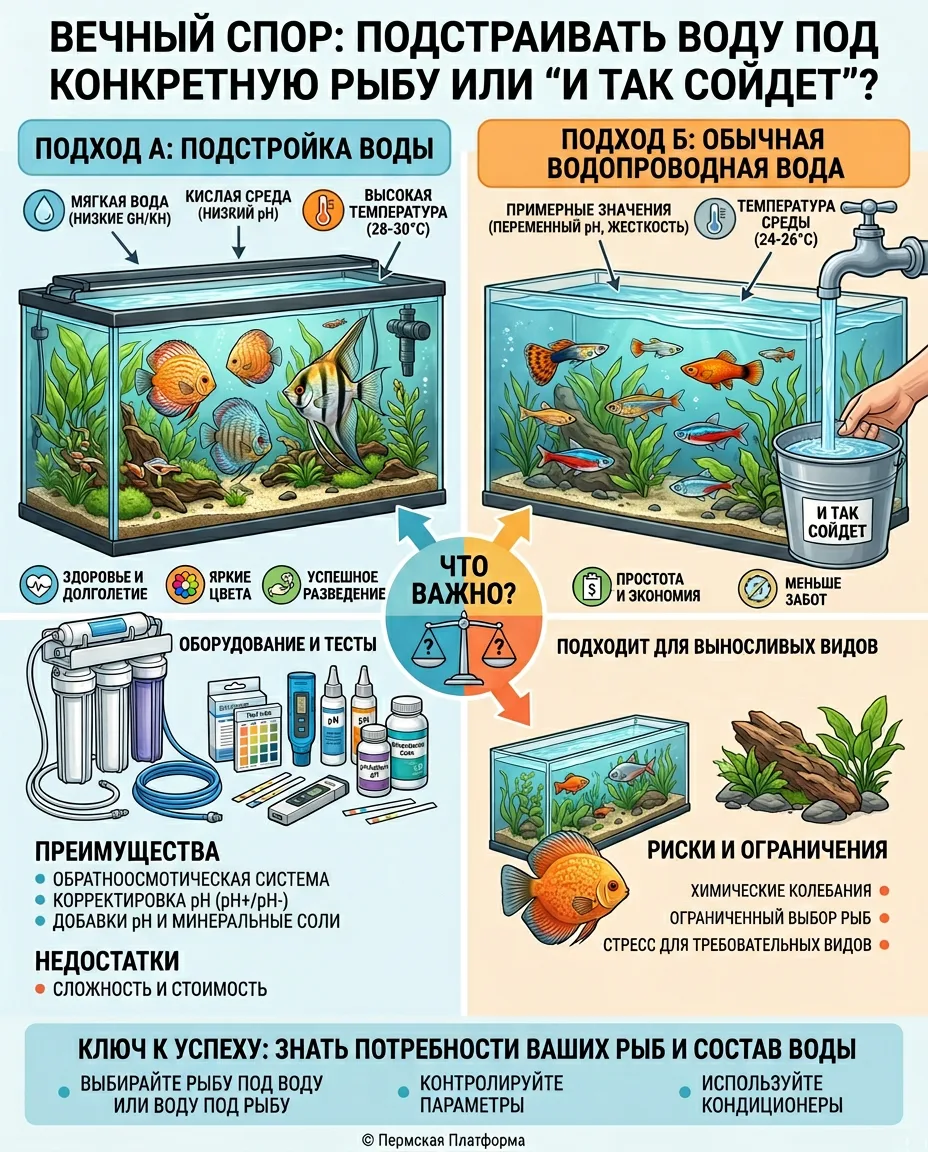 🎣💧 ВЕЧНЫЙ СПОР: нужна ли рыбе «правильная» вода? 💧🐟
Кто-то заходит в зоомагазин, берёт аквамарин