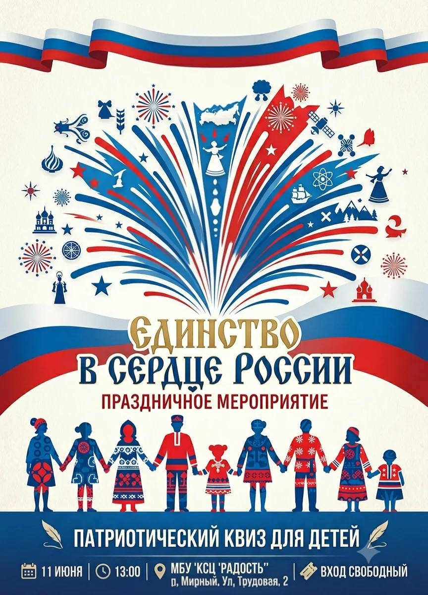 ЕДИНСТВО В СЕРДЦЕ РОССИИ! 🇷🇺

🧒Приглашаем юных патриотов и их родителей на праздничное мероприяти