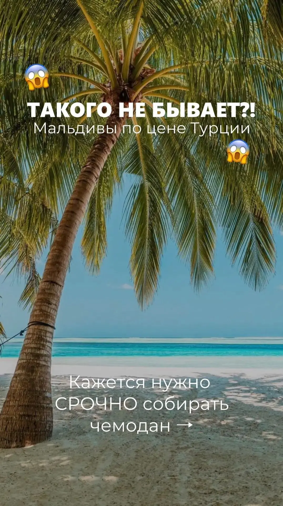 ТАКОГО НЕ БЫВАЕТ?!
Мальдивы по цене Турции

Кажется нужно
СРОЧНО собирать чемодан

﻿﻿— отель-остров,