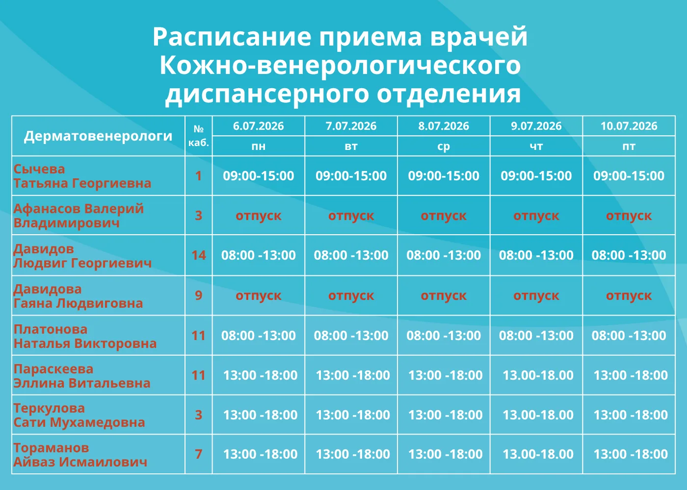 🗓РАСПИСАНИЕ КОЖНО-ВЕНЕРОЛОГИЧЕСКОГО ДИСПАНСЕРНОГО ОТДЕЛЕНИЯ

Часы приема врачей кожно-венерологичес