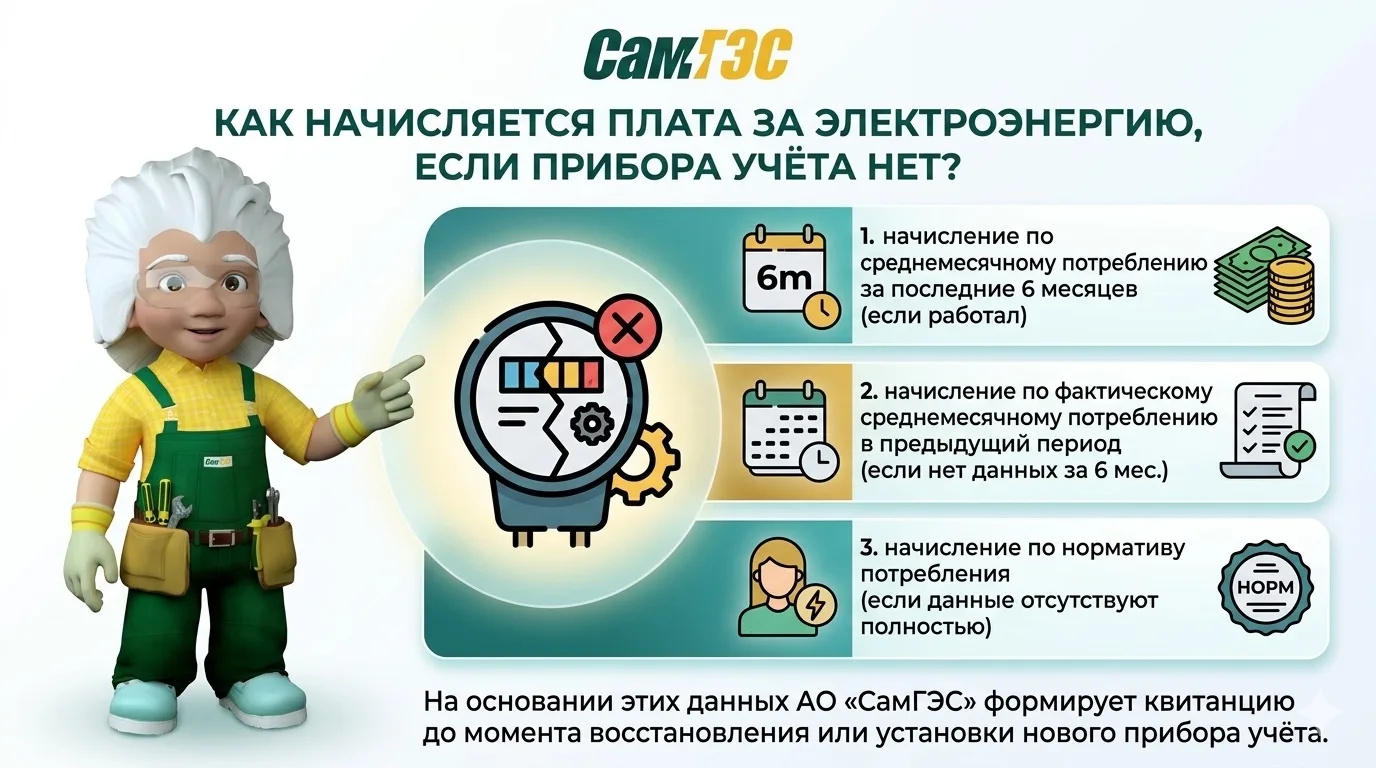 Как определяется сумма к оплате за электроэнергию, если прибора учёта нет?

При отсутствии, поломке,
