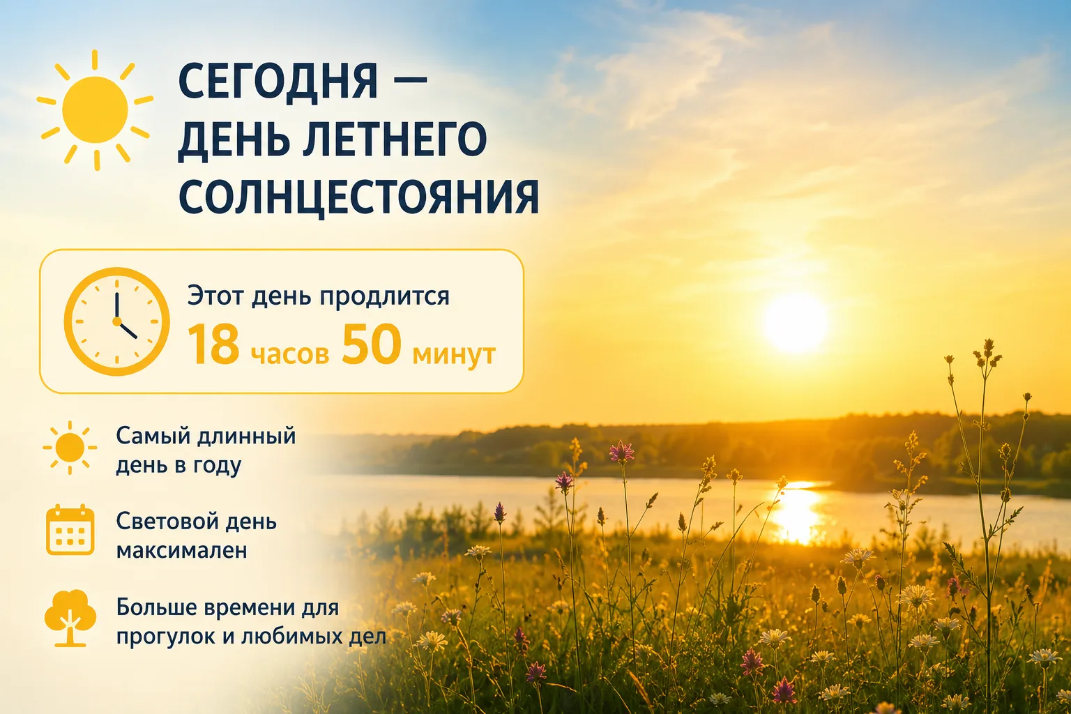 ☀️ Самый длинный день года уже здесь

Сегодня — день летнего солнцестояния. Это значит, что световой